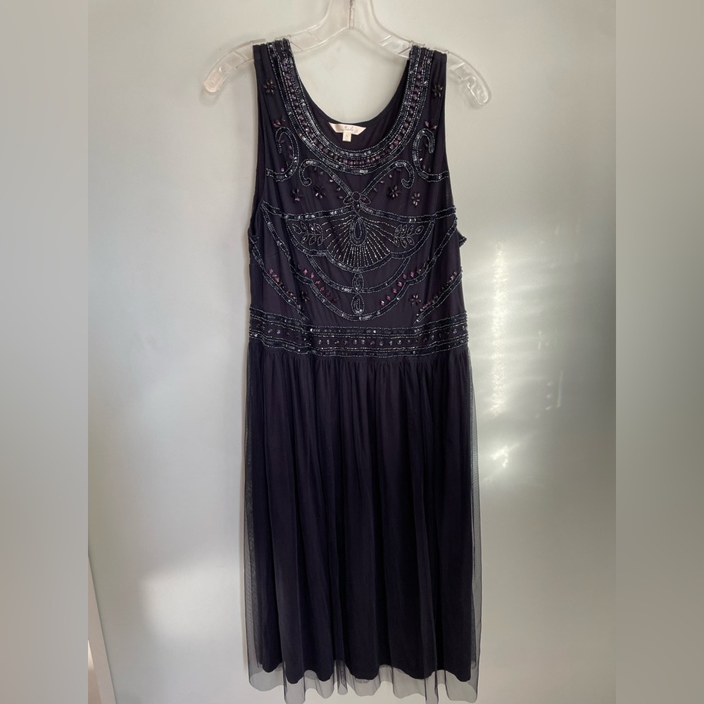 Geode no sleeve midi navy blue dress! Babydoll cut. Hand embroidered beading